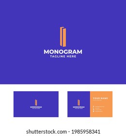 Simple and minimalist orange 3d slant letter I logo in blue background with business card template