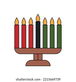 Simple minimalist outline with color icon of Kwanzaa kinara - candle holder menorah with seven candles. Vector illustration isolated on white background. Kwanza clipart