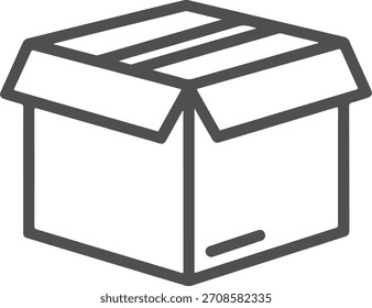 Icono de contorno minimalista simple de una caja de cartón abierta con solapas dobladas hacia adentro contra un fondo blanco limpio que representa el empaque y la