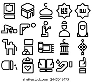 Simple Minimalist Outline Style Islamic Theme Icon Set. Editable Line. Adjustable Stroke Width.