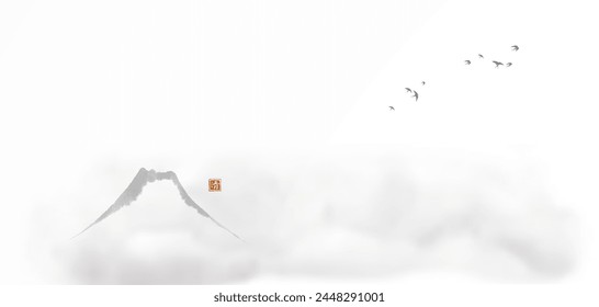 Simple minimalist painting with flock of birds in the sky and Fuji moutain. Traditional Japanese ink wash painting sumi-e. Hieroglyph - clarity