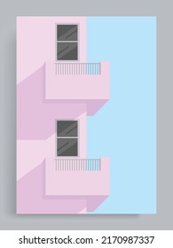 Sencillo fondo pastel minimalista. Balcón de apartamento morado, edificios, casas, suburbio, ciudad. Adecuado para carteles, portadas de libros, folletos, revistas, folletos, folletos.