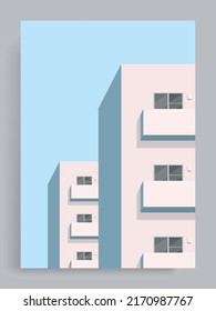 Simple minimalist pastel background. Balcony of apartments, buildings, houses, suburbs, city. Suitable for posters, book covers, brochures, magazines, flyers, booklets.