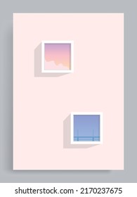 Simple minimalist pastel background. Paintings of evening and night scenery in a frame hanging on a bright pink wall. Suitable for book covers, banners, posters, decorations, flyers, web.