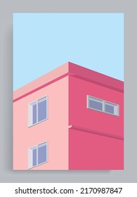 Sencillo fondo pastel minimalista. Apartamento rosa con ventanas pequeñas, edificio, casa, suburbio, ciudad. Adecuado para carteles, portadas de libros, folletos, revistas, folletos, folletos.