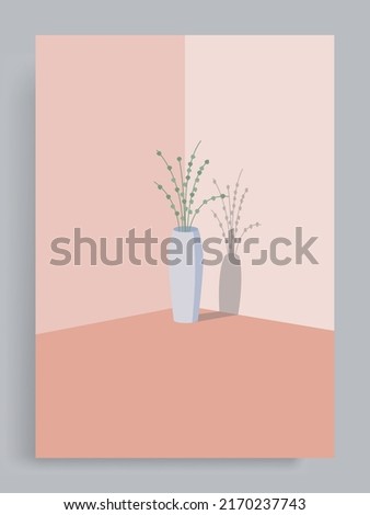 Simple minimalist pastel background. A vase filled with beautiful ornamental plants is in the corner of the room against a bright pink background. Suitable for book covers, banners, poster, decoration