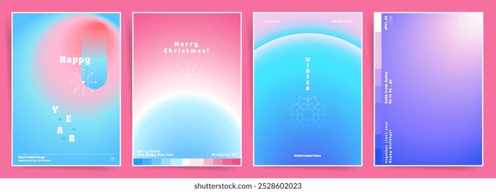 Simple Minimalist Pastel Christmas and New Year Posters, Cute Aesthetic Designs with Circle and Sphere Gradient Patterns in Blue, Red, Pink, and White