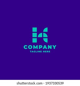 Simple and minimalist pixel plaid bright green letter K monogram initial logo in bright blue background