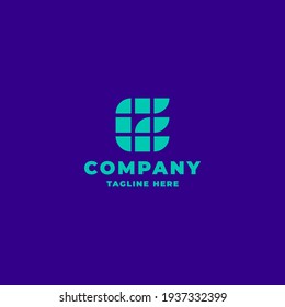 Simple and minimalist pixel plaid bright green letter E monogram initial logo in bright blue background