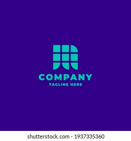 Simple and minimalist pixel plaid bright green letter M monogram initial logo in bright blue background