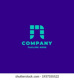 Simple and minimalist pixel plaid bright green letter N monogram initial logo in bright blue background