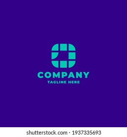 Simple and minimalist pixel plaid bright green letter O monogram initial logo in bright blue background