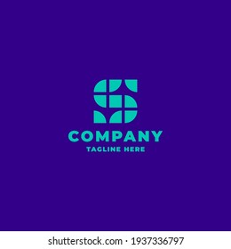 Sencilla y minimalista píxel chapado verde brillante S monograma inicial logotipo en fondo azul brillante