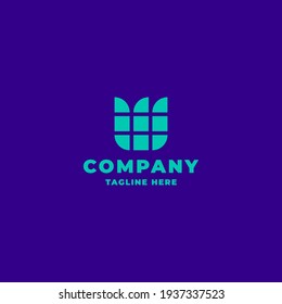 Simple and minimalist pixel plaid bright green letter W monogram initial logo in bright blue background