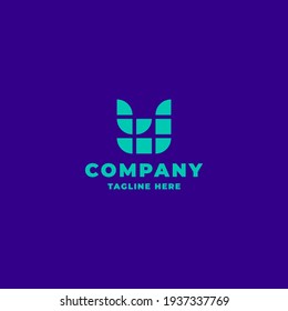 Simple and minimalist pixel plaid bright green letter Y monogram initial logo in bright blue background