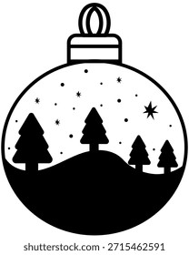 Simples Minimalista Plain Contorno Bauble Decoração de Natal com árvore de Natal da colina e queda de neve na estação de inverno