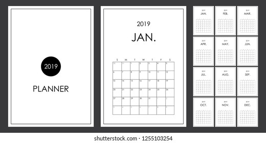 Simple and minimalist planner design of 2019.  Calendar, organizer, planner 2019. A4 size printable.