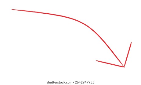 Simple, minimalist red arrow vector illustration. The arrow begins with a horizontal line that curves smoothly downward, gradually steepening to form an exponential-like trajectory. 