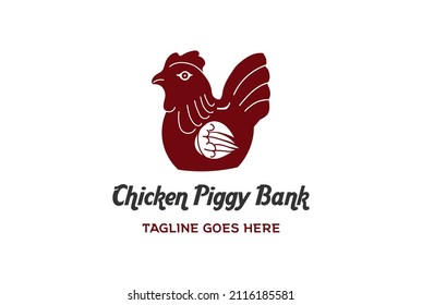 Simple Minimalist Red Chicken Rooster Cock Piggy Bank Logo Design Vector