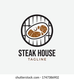 Simple and minimalist retro steak barbecue logo design template vector