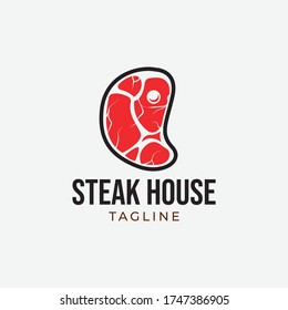 Simple and minimalist retro steak barbecue logo design template vector