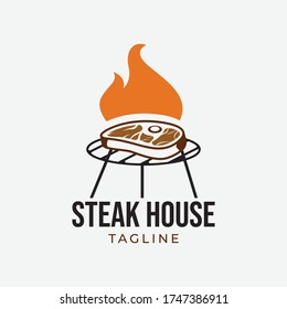 Simple and minimalist retro steak barbecue logo design template vector