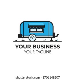 Simple minimalist retro trailer Blue van food truck logo template