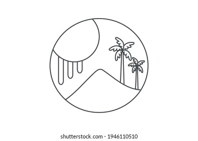 simple minimalist round sign logo symbols for travel company agent outdoor summer holiday vacation tropical coconut tree sun mountain