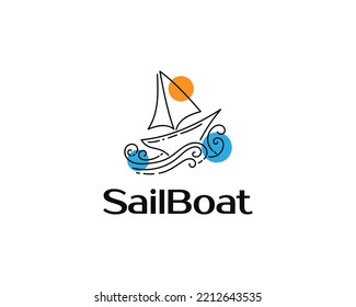 Simple and Minimalist Sailboat Logo Design with Moon and Stars. Sailing Boat Logo Illustration with Line Style