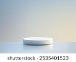 A simple minimalist scene 3D white circular podium on a reflective surface with a soft gradient background. Clean and elegant design for product displays, mockups, and showroom showcases