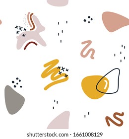 Simple minimalist seamless nordic pattern with cute rabbit and abstract modern elements. Vector surface with bold unique objects like dots, crosses and rounds. Unique easter spring theme digital paper