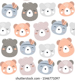 Simple minimalist seamless pattern. Vector illustration with animals sleeping bears heads with headdress in Scandinavian Nordic style for kids and nursery.Pastel digital paper in Native American theme