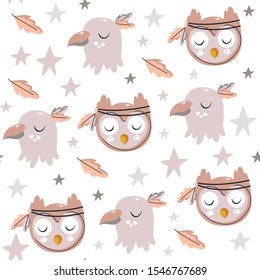 Simple minimalist seamless pattern.Vector illustration with animals heads of birds in Scandinavian Nordic style for kids.Digital paper with eagles and owls with headdress.Background stars and feathers