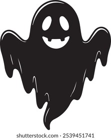 A simple and minimalist silhouette of a cheerful ghost. The ghost is completely black with a wide, friendly smile and large oval eyes, giving it a playful and approachable appearance. Its arms are