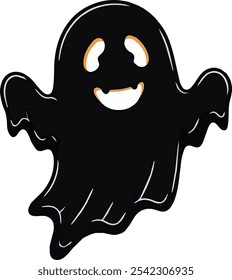 A simple and minimalist silhouette of a cheerful ghost. The ghost is completely black with a wide, friendly smile and large oval eyes, giving it a playful and approachable appearance. Its arms are