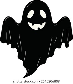 A simple and minimalist silhouette of a cheerful ghost. The ghost is completely black with a wide, friendly smile and large oval eyes, giving it a playful and approachable appearance. Its arms are