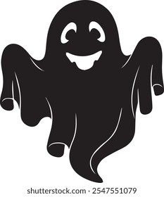 A simple and minimalist silhouette of a cheerful ghost. The ghost is completely black with a wide, friendly smile and large oval eyes, giving it a playful and approachable appearance. Its arms are