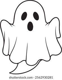 A simple and minimalist silhouette of a cheerful ghost. The ghost is completely white with a wide, friendly smile and large oval eyes, giving it a playful and approachable appearance. Its arms are