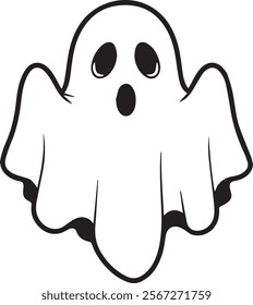 A simple and minimalist silhouette of a cheerful ghost. The ghost is completely white with a wide, friendly smile and large oval eyes, giving it a playful and approachable appearance. Its arms are