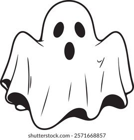 A simple and minimalist silhouette of a cheerful ghost. The ghost is completely white with a wide, friendly smile and large oval eyes, giving it a playful and approachable appearance. Its arms are