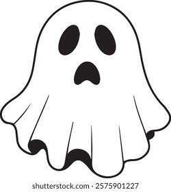 A simple and minimalist silhouette of a cheerful ghost. The ghost is completely white with a wide, friendly smile and large oval eyes, giving it a playful and approachable appearance. Its arms are