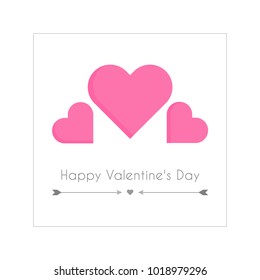 Simple minimalist square Valentine's Day greeting card. Happy Valentine's day vector graphic design for print. Pink hearts and writing with arrows.