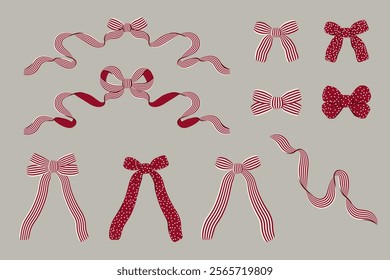 Simple Minimalist Striped and Dots Ribbon Bow Collection. Vector Illustration in Hand-Drawn style