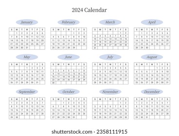 A simple and minimalist style annual template with a 2024 year 12 month calendar. Note, scheduler, diary, calendar, planner design template illustration.