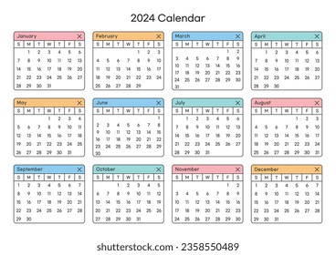 Una plantilla anual de estilo simple y minimalista con un calendario de 12 meses de 2024 años. Nota, planificador, diario, calendario, ilustración de plantilla de diseño del planificador.