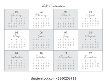 A simple and minimalist style annual template with a 2024 year 12 month calendar. Note, scheduler, diary, calendar, planner design template illustration.