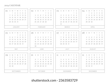 Una plantilla anual de estilo simple y minimalista con un calendario de 12 meses de 2024 años. Nota, planificador, diario, calendario, ilustración de plantilla de diseño del planificador.