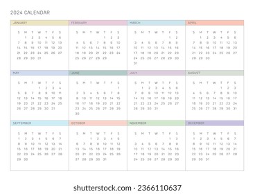 Una plantilla anual de estilo simple y minimalista con un calendario de 12 meses de 2024 años. Nota, planificador, diario, calendario, ilustración de plantilla de diseño del planificador.