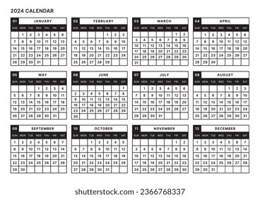 Una plantilla anual de estilo simple y minimalista con un calendario de 12 meses de 2024 años. Nota, planificador, diario, calendario, ilustración de plantilla de diseño del planificador.