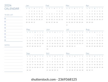 Una plantilla anual de estilo simple y minimalista con un calendario de 12 meses de 2024 años. Nota, planificador, diario, calendario, ilustración de plantilla de diseño del planificador.